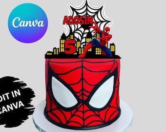 Decorazione stampabile per torta di Spiderman (download digitale), decorazione per torta di compleanno a tema ragno modificabile, modello digitale Canva a tema supereroi, decorazione per feste per bambini