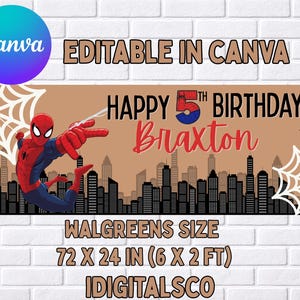 Peut inclure: Une bannière d'anniversaire rectangulaire avec un super-héros rouge et bleu, des toiles d'araignée blanches, une ligne d'horizon urbaine noire et un hélicoptère. Le texte indique HAPPY 5TH BIRTHDAY Braxton. Dimensions 183 x 61 cm, modifiable sur Canva.