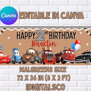 May include: A rectangular birthday banner measuring 72 by 24 inches featuring a tan background with a checkered border. It displays the text Happy 2nd Birthday Braxton, along with illustrations of six animated vehicles, a traffic light, and balloons.