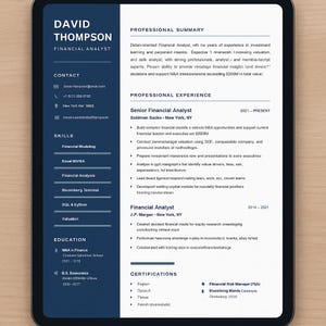 May include: A digital tablet displaying a resume for David Thompson, a Financial Analyst. The resume includes contact information, skills, professional experience, education, and certifications. The background is dark blue with white text.