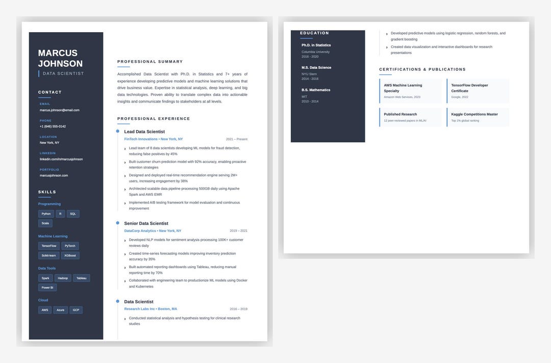 Modern Data Scientist Resume Template | Ats-friendly CV | Professional ...