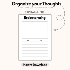 Può includere: Un modello PDF stampabile per il brainstorming con la scritta "Brainstorming" in alto. Il modello include spazio per le note e una sezione per i pro e i contro. L'immagine include anche il testo "Organize your Thoughts" e "Instant Download".