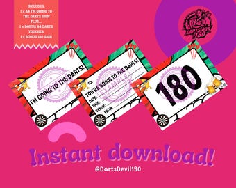 Letrero de dardos / Ally Pally, dardos en vivo, bono de 180 (descarga instantánea), paquete imprimible de vales de regalo de cumpleaños/Navidad