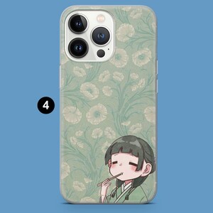 May include: A phone case featuring a light green floral pattern with white flowers. A cartoon illustration of a person in a green kimono eating with chopsticks is on the bottom right. The number "4" is in a black circle on the left.