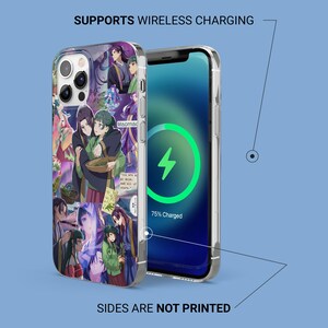 May include: Clear phone case with a colorful anime collage design. The case features a variety of characters and scenes, with the text "Maomao" visible. The phone screen displays a charging symbol. Text on the image reads "Supports Wireless Charging" and "Sides are not printed."