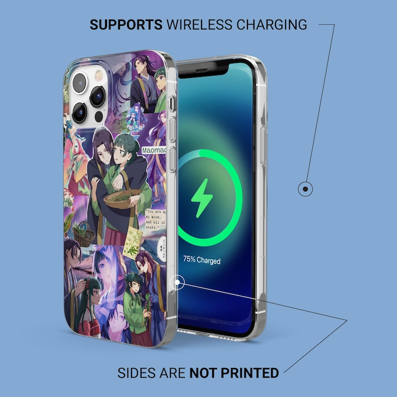 May include: Clear phone case with a colorful anime collage design. The case features a variety of characters and scenes, with the text "Maomao" visible. The phone screen displays a charging symbol. Text on the image reads "Supports Wireless Charging" and "Sides are not printed."