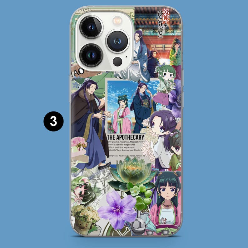 May include: A clear phone case featuring a collage of anime-style illustrations. The design includes characters in traditional clothing, floral elements, and text that reads "THE APOTHECARY". The case has a glossy finish and a number "3" on the side.