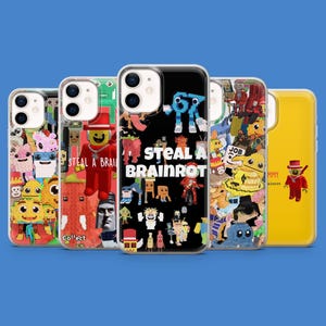 May include: A collection of phone cases with colorful, pixelated designs. The cases feature various characters and the text "STEAL A BRAINROT". The cases are in a row against a blue background.