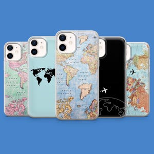 May include: A collection of phone cases featuring world map designs. The cases display various map styles, including a vintage-style map, a black silhouette of the continents, and a black case with a world map outline. The cases are in different colors.