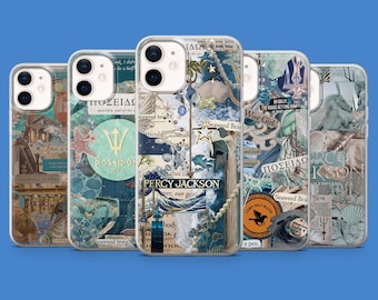May include: A collection of five phone cases with unique designs. Each case features a collage of images, text, and illustrations in shades of blue, teal, and beige. The cases have various themes, including Greek mythology and the text "Percy Jackson."