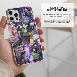 May include: Clear phone case featuring a collage of anime-style illustrations with characters in colorful attire. The case has a glossy finish and a protective design. Text on the case reads "Maomad" and "PLEASE READ BEFORE BUYING".