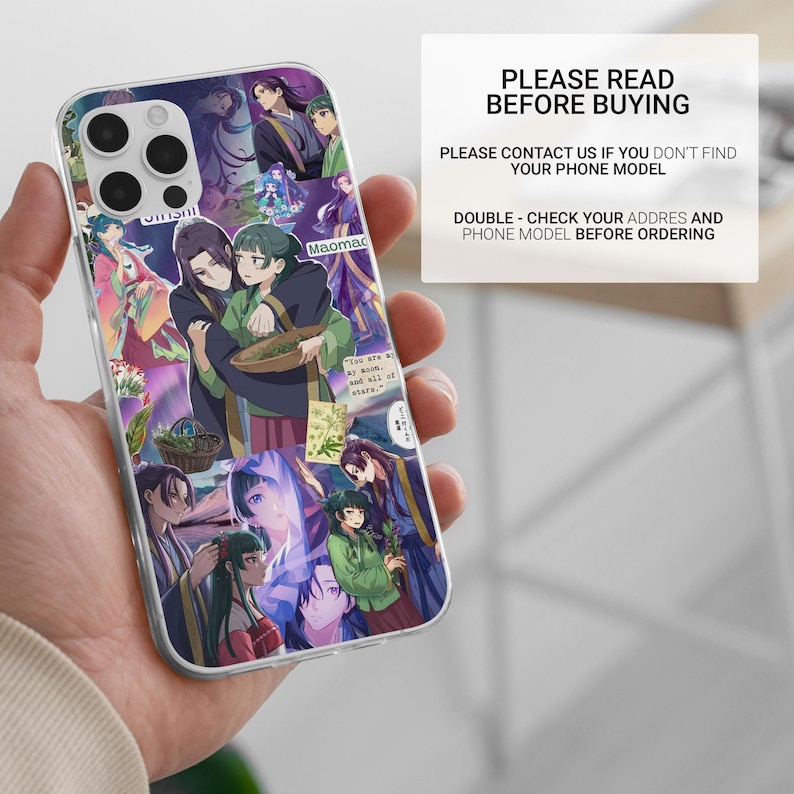 May include: Clear phone case featuring a collage of anime-style illustrations with characters in colorful attire. The case has a glossy finish and a protective design. Text on the case reads "Maomad" and "PLEASE READ BEFORE BUYING".