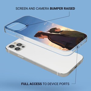 May include: A clear phone case with a colorful illustration of two figures against a blue sky. The case is shown over a white phone, with the text "SCREEN AND CAMERA BUMPER RAISED" and "FULL ACCESS TO DEVICE PORTS".