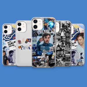 Puede incluir: Varias fundas de teléfono con un diseño de collage. Las fundas muestran imágenes de una persona, el nombre "Carlos" y otros gráficos. Las fundas son de varios colores y diseños, sobre un fondo azul.