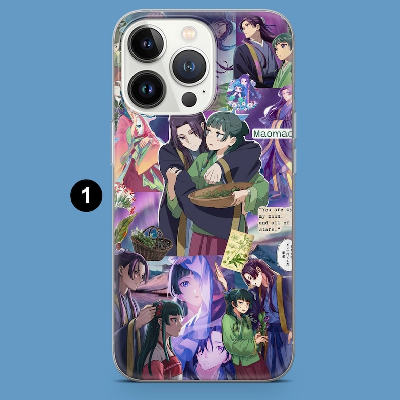 May include: Clear phone case featuring a collage of anime-style illustrations. The design includes characters in traditional clothing, with text that reads "Maomad" and a quote. The case has a glossy finish.