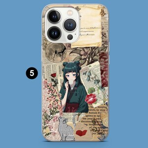 May include: A phone case featuring a collage design with an anime-style illustration of a person drinking from a cup. The case has a vintage aesthetic with floral and newspaper elements, and the number "5" is visible.