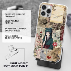 May include: Clear phone case featuring an anime-style illustration of a girl drinking tea, with floral and vintage paper elements. The case has a raised bumper for screen and camera protection and supports wireless charging. The case is lightweight, soft, and flexible.