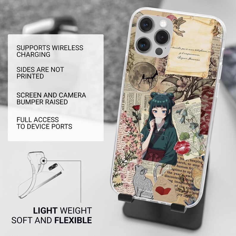 May include: Clear phone case featuring an anime-style illustration of a girl drinking tea, with floral and vintage paper elements. The case has a raised bumper for screen and camera protection and supports wireless charging. The case is lightweight, soft, and flexible.