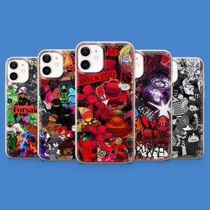 May include: Five phone cases with colorful graphic designs. The cases feature various illustrations, including text that reads "Forsak" and "COOLKIDD". The designs incorporate a mix of cartoon characters and abstract elements, set against a blue background.
