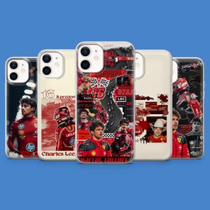 May include: A selection of phone cases with racing designs. The cases showcase images of race cars, drivers, and racing graphics. The primary colours are red, black, and white, with the number 16 featured on some of the cases.