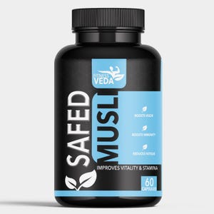 Puede incluir: Una botella negra de cápsulas "SAFED MUSLI" con una etiqueta azul. La etiqueta incluye el texto "Fitness Veda", "Boosts Vigor", "Boosts Immunity", "Reduces Fatigue" e "Improves Vitality & Stamina". La botella contiene 60 cápsulas.