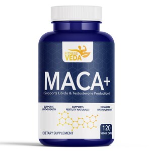 Może przedstawiać: Granatowa butelka suplementu diety "MACA+" z białą zakrętką. Etykieta zawiera nazwę marki "Fitness Veda" oraz tekst "Wspiera zdrowie libido", "Wspiera naturalną płodność" i "Zwiększa naturalną energię". Butelka zawiera 120 kapsułek wegańskich.