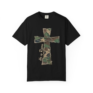 Comfort Colors® Camo Cross Faux Patchwork T-Shirt,He Is Risen Christian Shirt,Religious Easter Tee,Vintage Faith Cross Shirt, Christian Gift