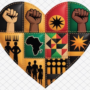 Peut inclure: Graphique en forme de cœur avec un motif patchwork représentant des poings levés, un contour du continent africain et des motifs géométriques noirs, jaunes, rouges et verts. Le motif comprend des silhouettes de personnes et un éclat d'étoile.