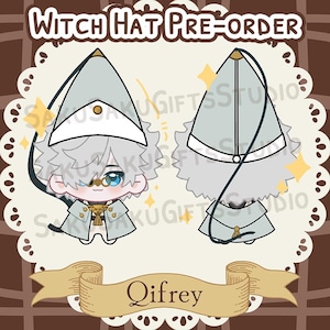 May include: A light blue Witch Hat Pre-Order plushie of Qifrey, with a white collar and gold accents. The plushie has white hair and blue eyes. The image shows the front and back of the plushie.