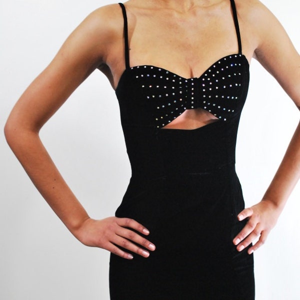 80s Black velvet bandage bodycon mini Dress cut out rhinestone bow detail small