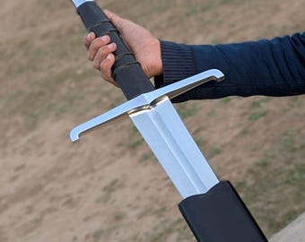 Hand Forged Carbon Steel Medieval Long Sword with Custom Leather Scabbard - Gift for Him, Groomsmen, Father's Day
