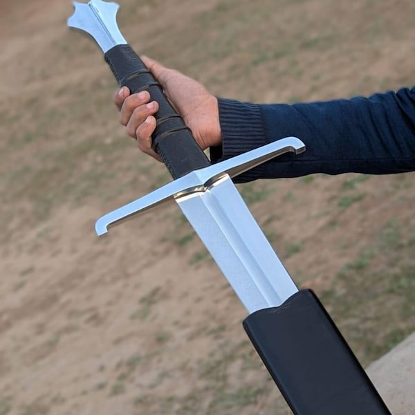Hand Forged Carbon Steel Medieval Long Sword with Custom Leather Scabbard - Gift for Him, Groomsmen, Father's Day