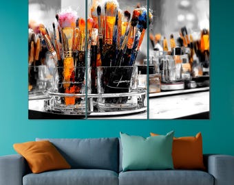 Art mural de maquilleur - Illustration de pinceaux et de palette, impression de beauté minimale