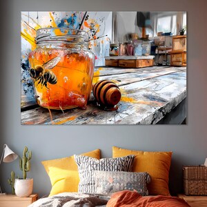 May include: A vibrant painting of a glass jar filled with golden honey, a bee, and a wooden honey dipper. The jar sits on a rustic wooden surface with colorful paint splatters, evoking a sense of natural sweetness and artistry.