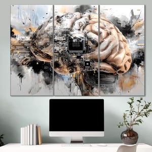 May include: A triptych canvas art print depicting a human brain integrated with circuit board elements. The artwork features a blend of beige, black, and white tones, with abstract paint strokes and a modern aesthetic. The brain is the central focus.