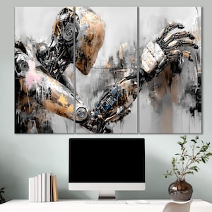 May include: Abstract triptych art print depicting a metallic robot figure in shades of gold, silver, and black. The artwork features a textured, painterly style with visible brushstrokes, creating a sense of movement and depth. The robot's form is detailed with mechanical components.