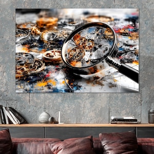 May include: Abstract art print featuring watch gears and a magnifying glass. The artwork uses a palette of gold, silver, black, and splashes of color. The magnifying glass is focused on the intricate details of the watch mechanisms.