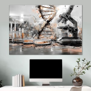 Op de afbeelding: Een artistieke print met een DNA-dubbele helix, een microscoop en laboratoriumglaswerk. Het kunstwerk gebruikt een grijstintenpalet met spetters van oranje en bruin, wat een wetenschappelijke en abstracte esthetiek creëert.