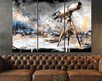 Astronomy Wall Art – Telescope and Star Map Illustration, Minimal Cosmic Print