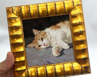 Mini dipinto a olio originale fatto a mano di un gatto soriano arancione, ritratto impressionista di un animale domestico, graziosa decorazione murale a tema gatto, piccolo regalo per amanti dei gatti
