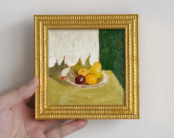 Pear and Plum Fruit Still Life Oil Painting, Green Yellow Kitchen Wall Art, Hand-Painted Small Canvas Decor