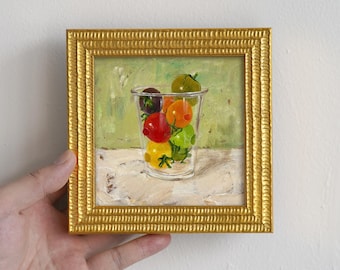 Colorful Cherry Tomatoes in Glass Oil Painting, Hand-Painted Still Life Art, Small Kitchen Wall Decor, Food Art Canvas