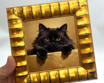 Mini cuadro al óleo original de un gato negro esponjoso, retrato de gato de pelo largo pintado a mano, arte realista de gatos, regalo para amantes de las mascotas, decoración de pared en miniatura para gatos