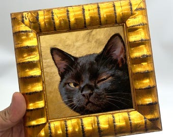Mini Original Black Cat Oil Painting, Hand Painted Winking Cat Portrait with Gold Leaf Background, Small Realistic Cat Art, Pet Lover Gift