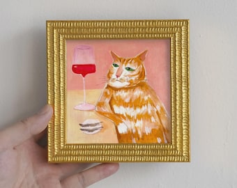 Orange Cat with Wine Oil Painting, Whimsical Funny Cat Art, Hand-Painted Kitchen Wall Decor
