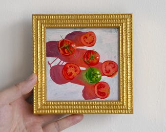 Nature morte aux tomates fraîches, peinture à l'huile de légume rouge-vert peinte à la main, décoration murale pour petite cuisine, toile d'art culinaire