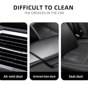 K&ouml;nnte beinhalten: Bild, das Staubansammlungen im Auto-Innenraum zeigt: L&uuml;ftungsschlitze, Armlehnenbox und Sitz. Der Text "DIFFICULT TO CLEAN THE CREVICES IN THE CAR" ist &uuml;ber den Bildern zu sehen, mit Beschriftungen darunter.