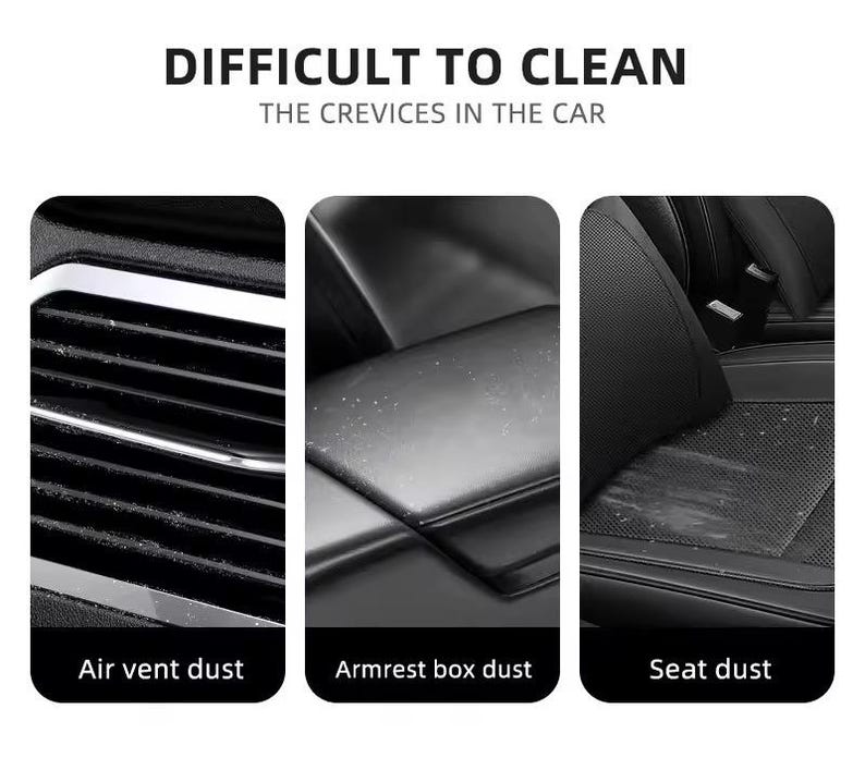 K&ouml;nnte beinhalten: Bild, das Staubansammlungen im Auto-Innenraum zeigt: L&uuml;ftungsschlitze, Armlehnenbox und Sitz. Der Text "DIFFICULT TO CLEAN THE CREVICES IN THE CAR" ist &uuml;ber den Bildern zu sehen, mit Beschriftungen darunter.