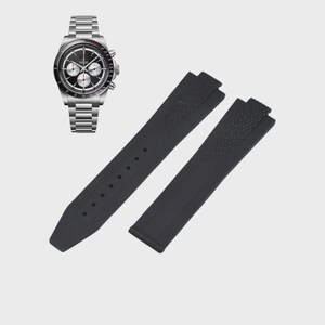 May include: A stainless steel wristwatch with a black dial and three sub-dials, paired with a black rubber watch strap. The watch features a silver metal band. The watch strap is in two pieces.