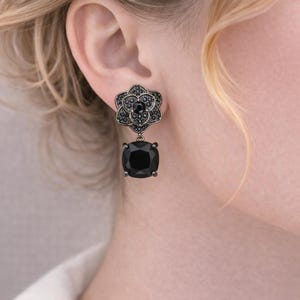 Black Crystal Drop Earrings Vintage Floral Statement Jewelry